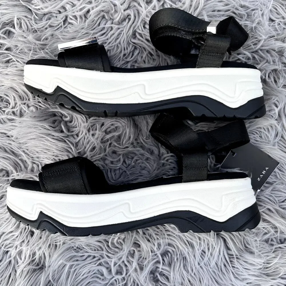 NWT Zara Trafaluc Chunky Platform Sandals Black White Adjustable Strap Womens 40